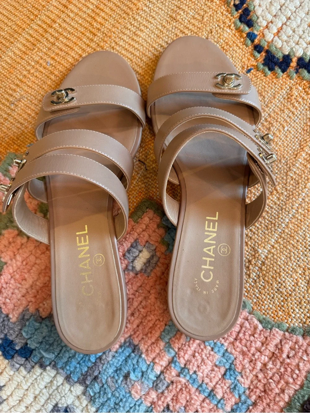 CHANEL Tan Leather Double-Strap Slide Sandals with Gold CC Accents